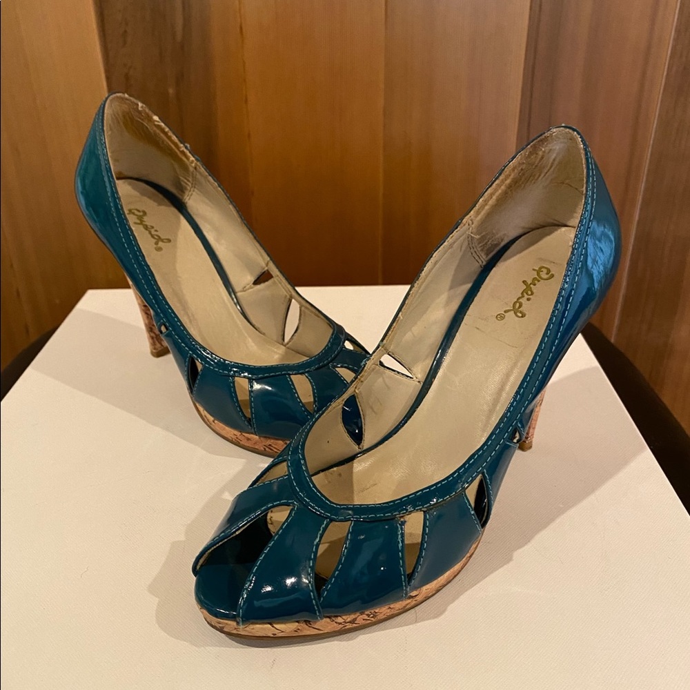 Fun blue stilettos with cork heel